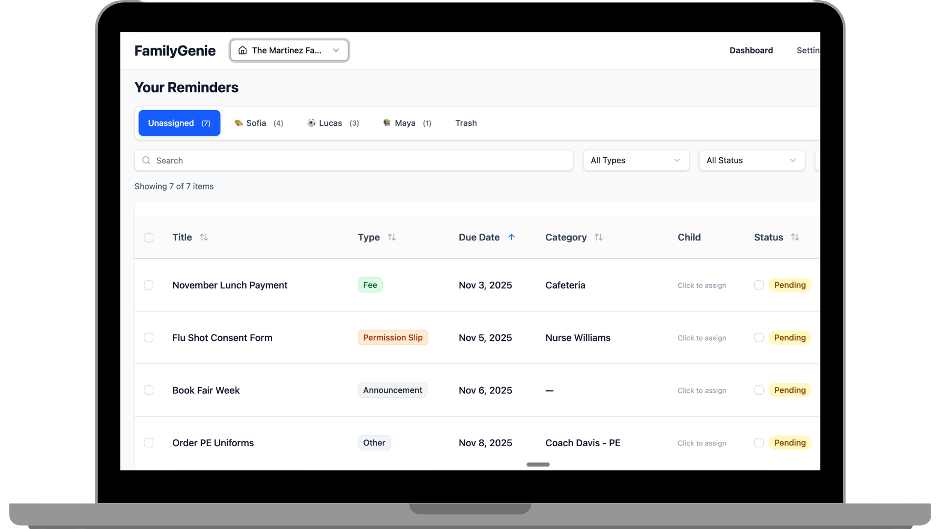 FamilyGenie Dashboard showing organized reminders for school events, permission slips, and deadlines